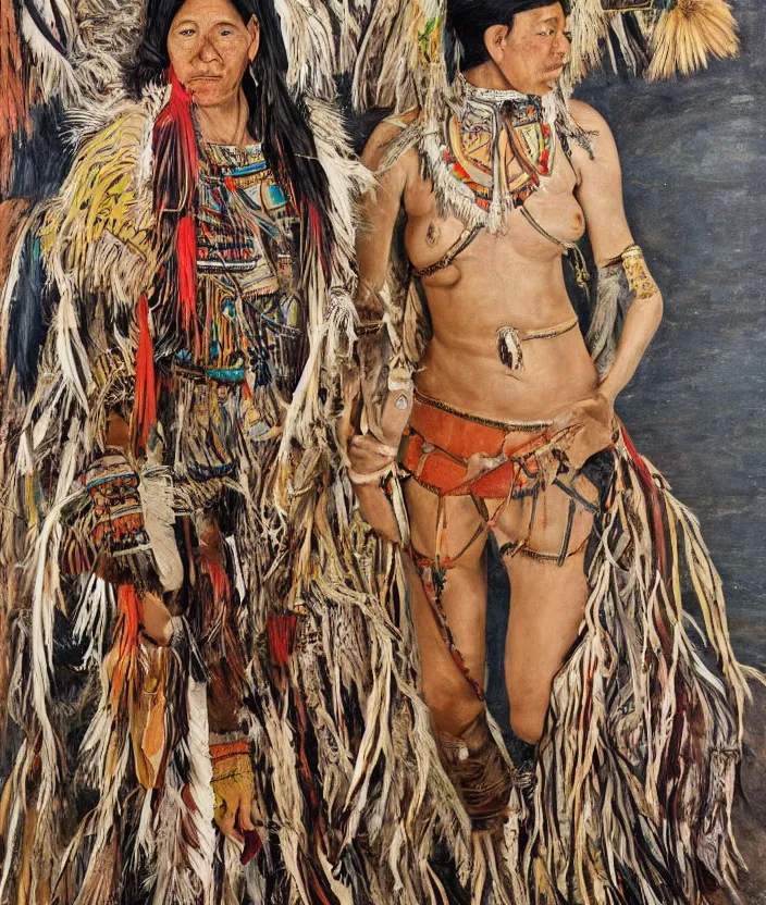 Prompt: full body shot picture of indigenous people young slim fit woman warrior in canyon, painted by lucian freud, intricate costume design, beautiful feathers, hd, super detailed, realistic