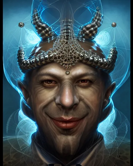 Image similar to front shot of a court jester character, hyperdimensional, bioluminescent hypercubes, ((intricate)), elegant, highly detailed, centered, (((artstation, concept art, smooth, sharp focus, artgerm, Tomasz Alen Kopera, Peter Mohrbacher, donato giancola, Joseph Christian Leyendecker, WLOP, Boris Vallejo))), mugshot!!!!!, ugly!!!!!!, octane render, nvidia raytracing demo, grainy, muted, 8K, digitalblasphemy