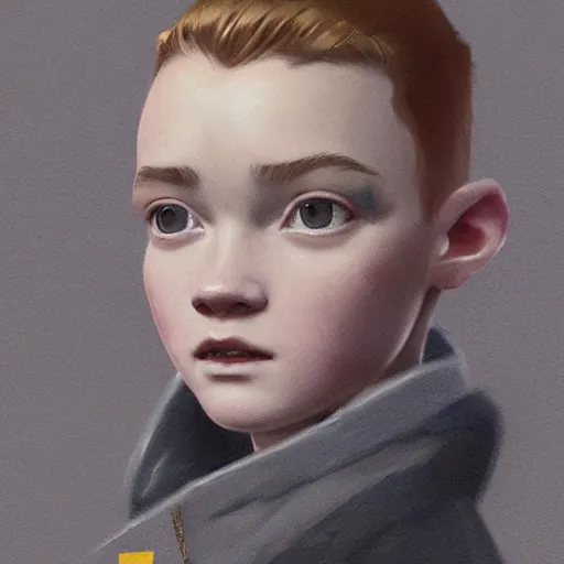 Image similar to a highly detailed epic cinematic concept art CG render digital painting artwork costume design: Sadie Sink, pixie shaved cut, side, in a used 1950s man's coat and hoodie. muted grey colors with tiny yellow accents. By Greg Rutkowski, Ilya Kuvshinov, WLOP, Stanley Artgerm Lau, Ruan Jia and Fenghua Zhong, trending on ArtStation, made in Maya, Blender and Photoshop, octane render, excellent composition, cinematic atmosphere, dynamic dramatic cinematic lighting, aesthetic, very inspirational, arthouse