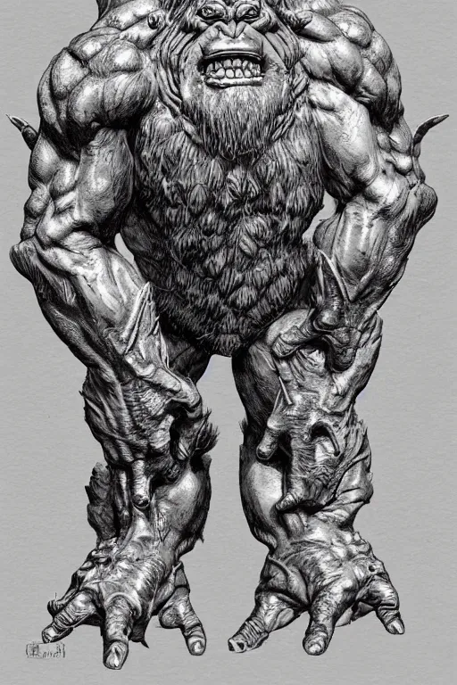 Image similar to humanoid hunched figure troll with 1 horn, ogre, ape, highly detailed, digital art, sharp focus, trending on art station, kentaro miura manga art style