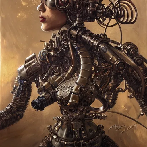 Image similar to low angle shot of a steampunk cyborg by clive barker, intricate, elegant, highly detailed, centered, digital painting, artstation, concept art, smooth, sharp focus, illustration, artgerm, Tomasz Alen Kopera, Peter Mohrbacher donato giancola, Joseph Christian Leyendecker, WLOP, Boris Vallejo.