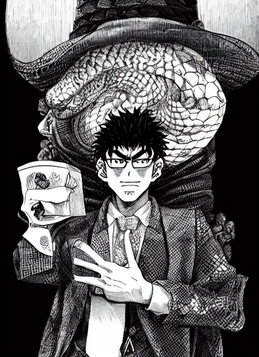 Image similar to portrait of a snake oil salesman by Kentaro Miura, it idn't greasy