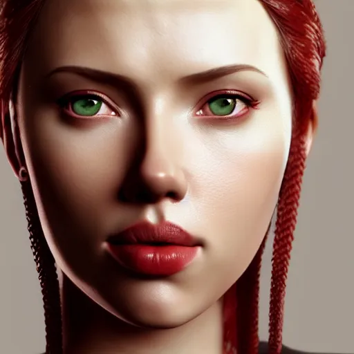 Prompt: scarlet johansson render as a very beautiful 3d anime girl, hot petite, long braided hair, hazel eyes, full round face, short smile, cinematic lightning, medium shot, mid-shot, highly detailed, trending on Artstation, Unreal Engine 4k, cinematic wallpaper