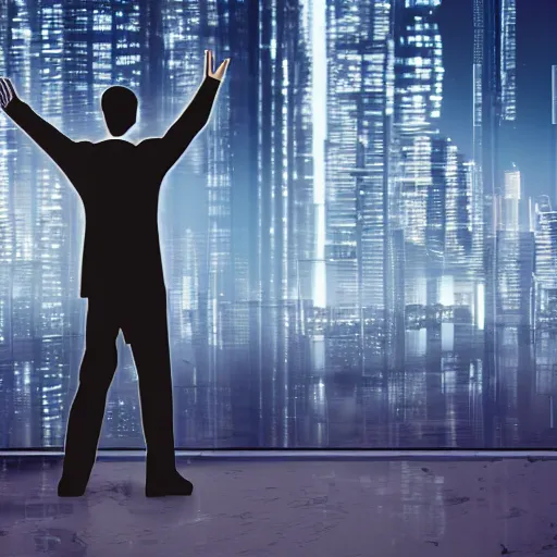 Image similar to detailed futuristic world, man waving goodbye to group of people, (cryptocurrency in background)