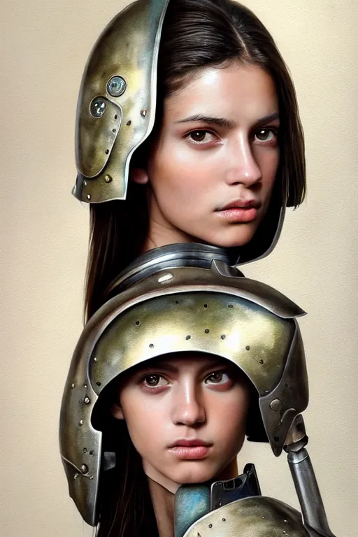 Image similar to a photorealistically painted portrait of an attractive young girl, partially clothed in metal-plated battle armor, abstract watercolor background, flawless olive skin, fair complexion, long dark hair, beautiful bone structure, perfectly symmetric facial features, perfect photorealistic eyes, natural physique, intricate, elegant, digital painting, concept art, finely detailed, beautifully illustrated, sharp focus, minimal artifacts, volumetric lighting, from Metal Gear, by Ruan Jia and Mandy Jurgens and Artgerm and William-Adolphe Bouguerea, in the style of Greg Rutkowski, trending on Artstation, award winning art