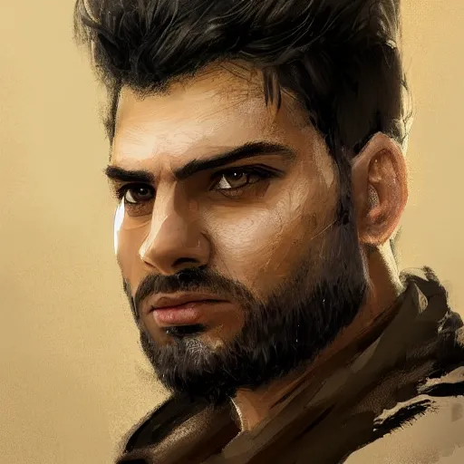 Prompt: Portrait of a man by Greg Rutkowski, he is about 30 years old, mixture between persian, indian and texan, wide forehead, short black hair, manly, attractive, strong and burly, he is wearing a utilitarian beige and black jumpsuit, highly detailed portrait, scifi, digital painting, artstation, concept art, smooth, sharp foccus ilustration, Artstation HQ