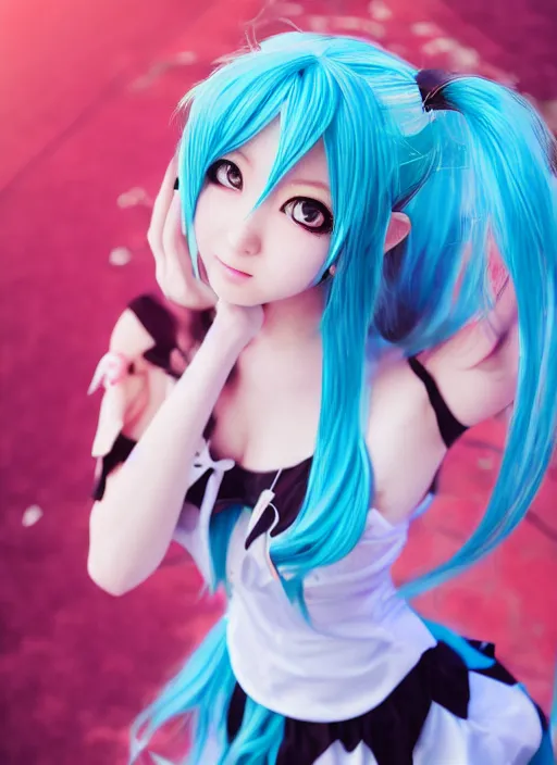 Prompt: Cute beautiful Asian cosplay girl with long blue hair and tempting eyes cosplaing Hatsune miku, full length shot, shining, 8k, HQ, sharp focus, IMAX quality, illustration, by Ilya kuvshinov