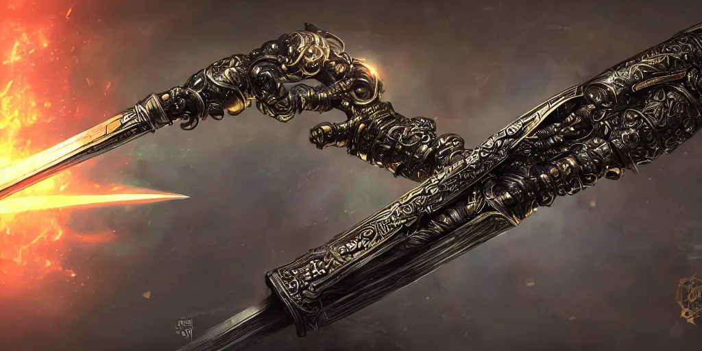 Prompt: legendary cybernetic full long sharp sword lying flat on a glowing table with a black and iridescent sword blade, digital award winning hd matte painting, intimate dark moody, intricate, ornate spikes, colorful gems on hilt, detailed realistic raytraced blade, future golden technological pommel, in the style of greg rutkowski and krenz cushart, deviantart