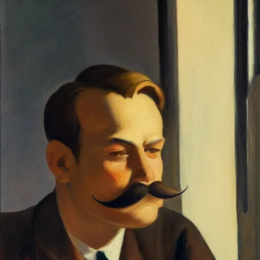 Image similar to a brown haired man with a mustache staring deeply at camera, edward hopper,