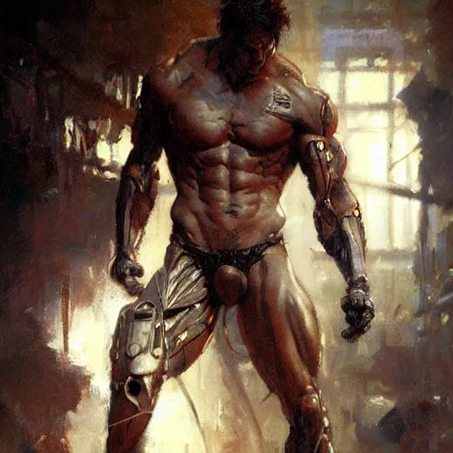 Image similar to muscular male cyborg, muscle, painting by gaston bussiere, craig mullins, greg rutkowski, yoji shinkawa