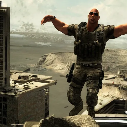 Image similar to dwayne the rock johnson, dwayne the rock johnson in the call of duty map highrise, modern warfare 2 highrise, screenshot