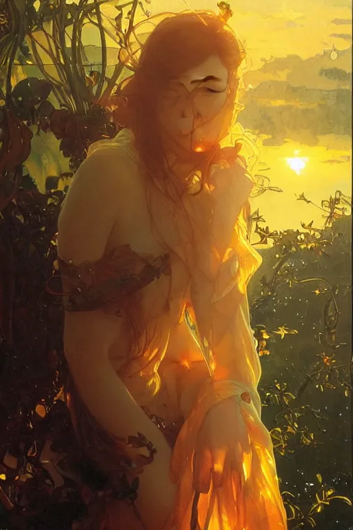 Image similar to glossy liquid honey drops flowing like translucent amber, backlit, sunset, refracted lighting, art by collier, albert aublet, krenz cushart, artem demura, alphonse mucha