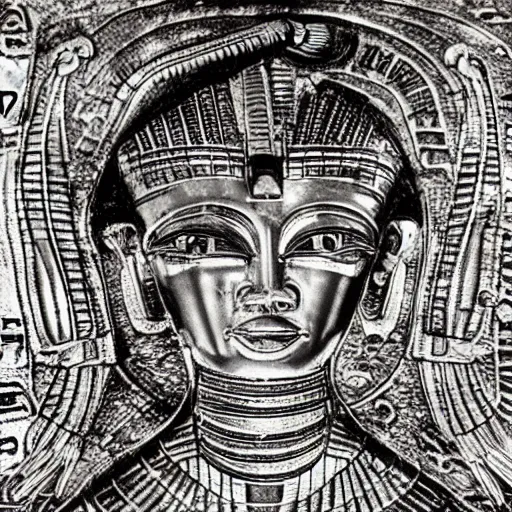 Image similar to the annunaki returned to egypt wearing space suits with egyptian pharaoh head - dresses and breathing hoses that look like elephant trunks - photo, close - up, alien - looking, cyborg, detailed, photo - realism