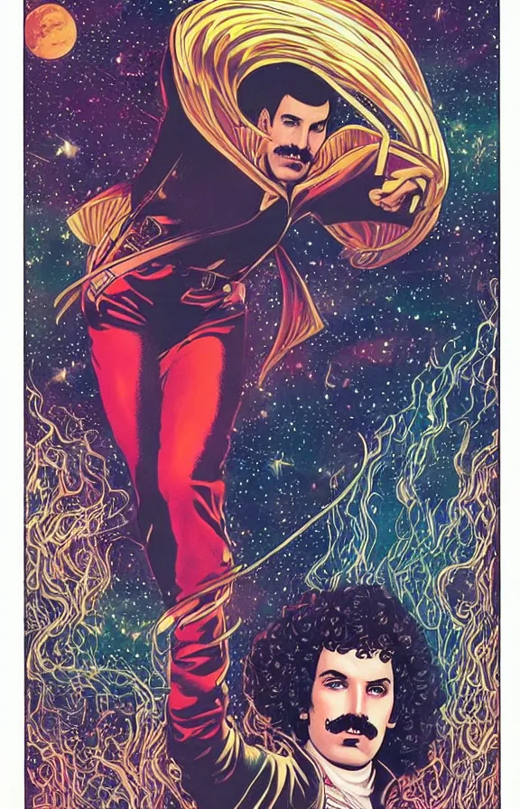 Image similar to freddy mercury with a beatiful long curly hair with a galactic background in the style of moebius