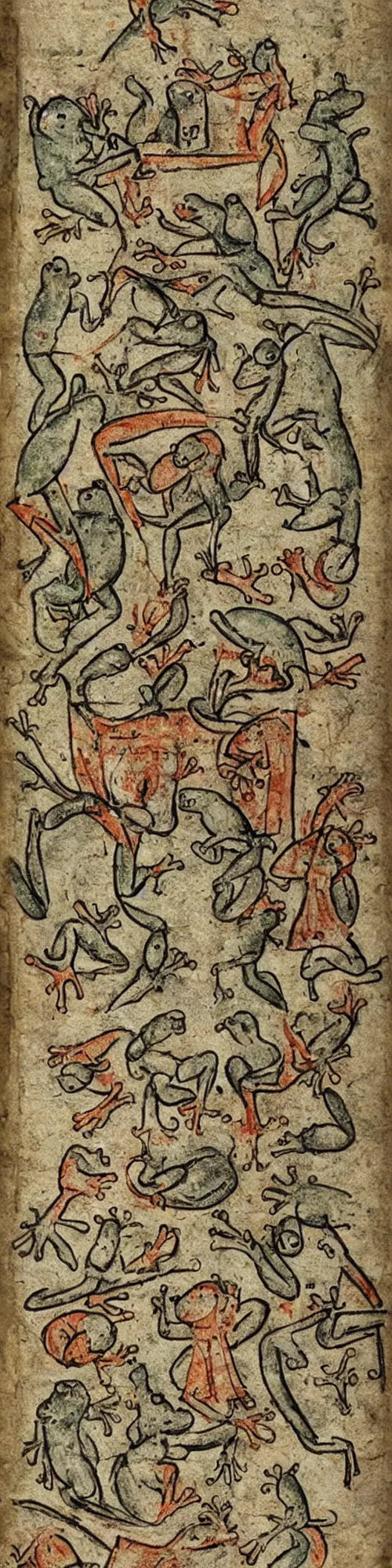 Image similar to medieval marginalia with frogs