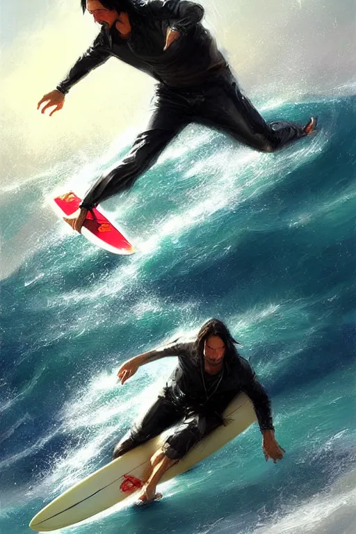 Image similar to keanu reeves surfing, sun lights, painting by daniel gerhartz, alphonse murac, detailed art, artstation