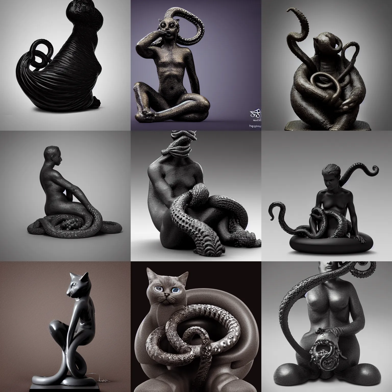 Prompt: miniature statue of lovercraft sitting skin seat with cat, tentacle around, top - side view, black resin, black background, octane render