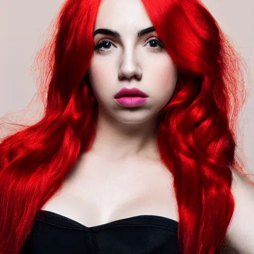 Image similar to ava max bright red hair photographed by charlotte rutherford, highly realistic. high resolution. highly detailed. 8 k. 4 k.