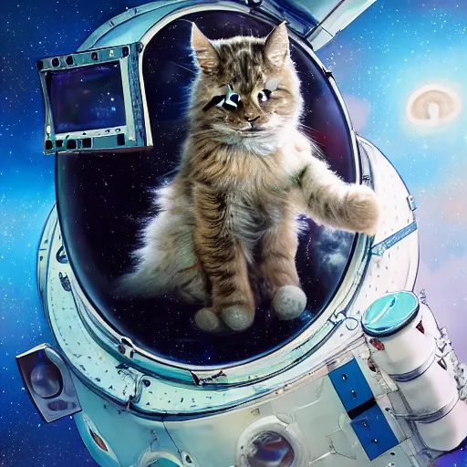 Prompt: glorious dynamic pose full body celestial main coon beany baby as an astronaut floats near the webb telescope in outerspace, intricate, portrait, 8k highly professionally detailed, HDR, CGsociety, dynamic lighting, pristine and clean design, cosplay, art by greg rutkowski, photorealistic