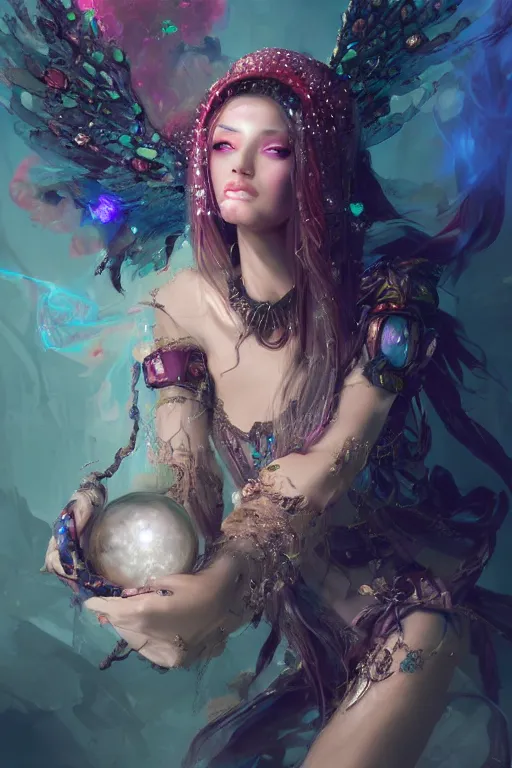 Prompt: face closeup of beautiful girl necromancer, witch - doctor covered with velvet exploding into crystals, angels, 3 d render, hyper realistic detailed portrait, holding crystal ball, ruan jia, wlop. scifi, fantasy, hyper detailed, octane render, concept art, peter mohrbacher