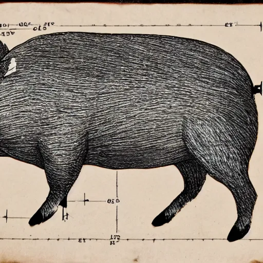 Prompt: walking pig wearing crown technical drawing