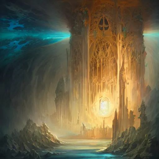 Image similar to a sunken gothic cathedral in the bottom of the ocean, rays of god, dramatic, epic, peter mohrbacher