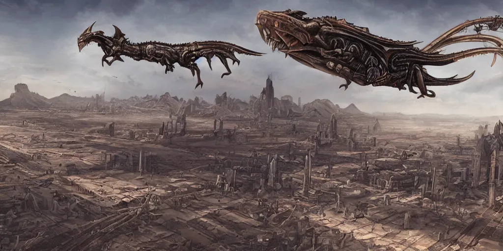 Prompt: giger steampunk wyvern flying over huge desert city, in style of federico pelat greg rutkowski