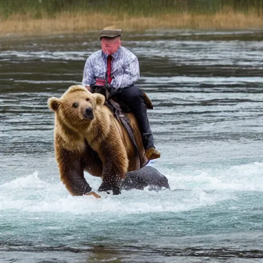 Prompt: vladimir putin riding a bear crossing a river