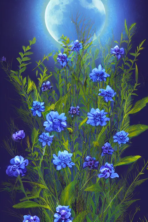 Prompt: beautiful digital matter cinematic painting of whimsical botanical illustration blue flowers moon fireflies tenchanted dark background, whimsical scene by greg rutkowki artstation