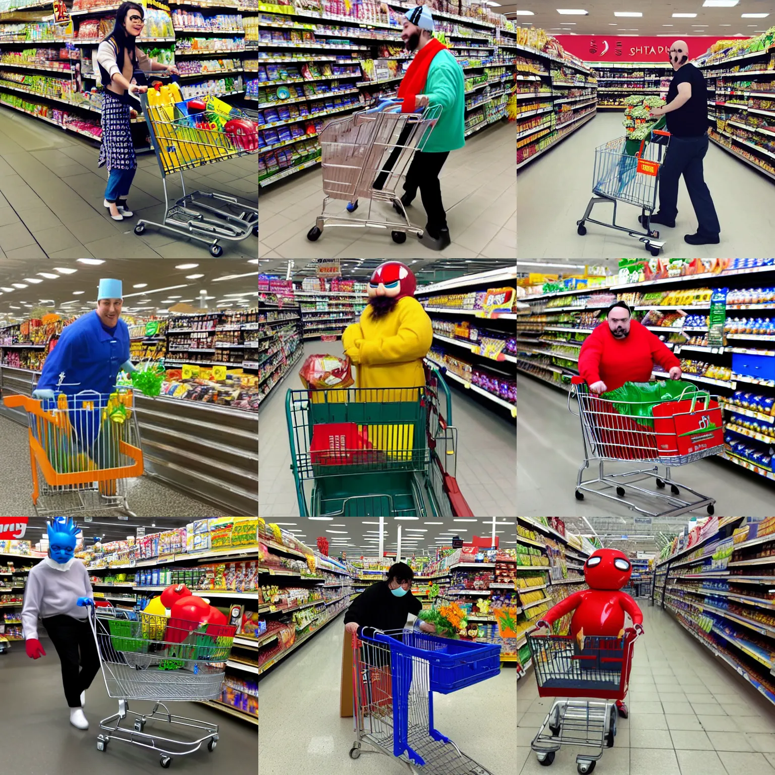 Prompt: dr. robotnik cosplayer pushing a shopping cart at a supermarket