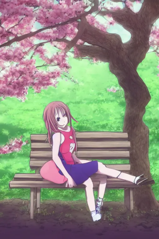Image similar to anime drawing, anime girl sitting on a bench with blooming cherry trees in the background