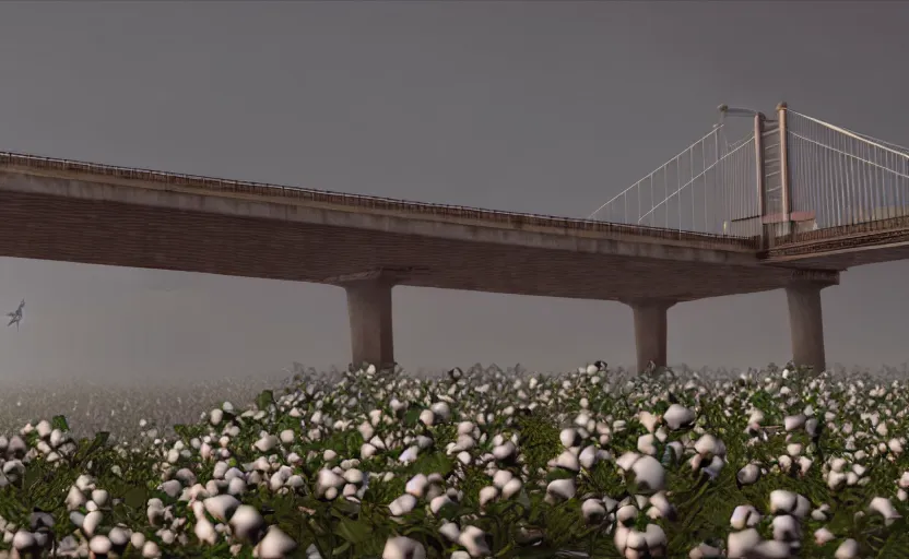 Prompt: a big bridge destroyed by enormous cotton plants, 3 d octane render, epic lighting, 8 k, by goro fujita