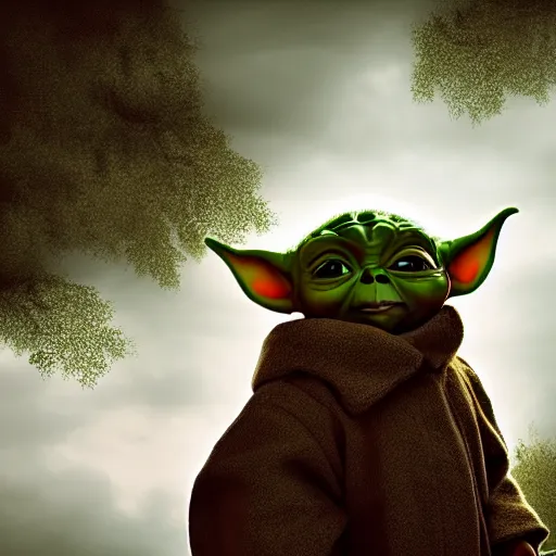 Image similar to high - angle view, shot from 5 0 feet distance, baby yoda on a well lit path in a dimly lit forest. dramatic clouds, setting sun, oil on canvas. light, shadow, depth, volume, chiaroscuro, drama, quiet intensity, realism, oil