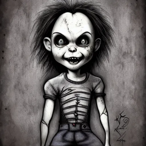 Image similar to grunge cartoon drawing of a cute chucky by - michael karcz , in the style of corpse bride, loony toons style, horror themed, detailed, elegant, intricate