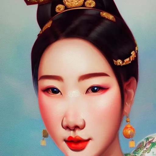 Image similar to hyper realism portrait of Chinese princess by Zhong, Fenghua, stunning, detailing, artstation trending, perfect lighting, golden hour