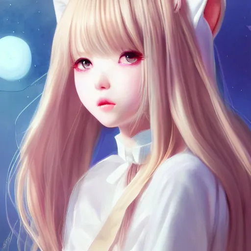 Image similar to realistic beautiful gorgeous natural cute Blackpink Lalisa Manoban white hair cute white cat ears in maid dress outfit golden eyes artwork drawn full HD 4K highest quality in artstyle by professional artists WLOP, Taejune Kim, Guweiz, ArtGerm on Artstation Pixiv