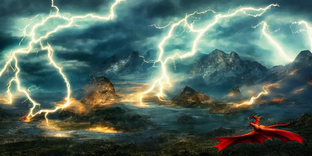 Image similar to a powerful flying fire Dragon fighting against a Wizard which shoots lightning in the foreground, big Mountains and wide forrests are in the Background, stormy weather at night ,cinematic Style, hyperrealistic