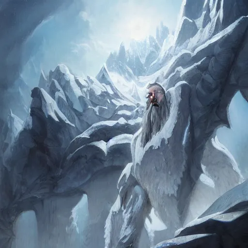 Image similar to north mythology concept art painting of ice gigant ymir the ancestor of all giants by james gurney, trending on artstation, detailed