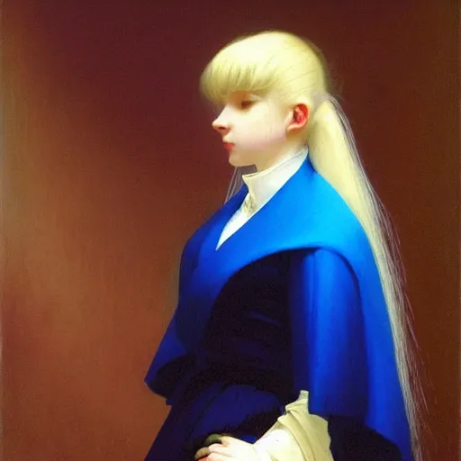 Image similar to a young woman's face, her hair is white and she wears a cobalt blue satin cloak, by ivan aivazovsky and syd mead and moebius and gaston bussiere and roger dean and pieter claesz and paul delaroche and alma tadema and aelbert cuyp and willem claesz, hyperrealistic, volumetric light, octane render