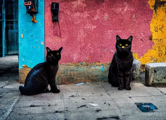 Image similar to photography of a Cat sitting on a box. in a cyberpunk street, award winning photo, colors, 100mm, sharp, high res