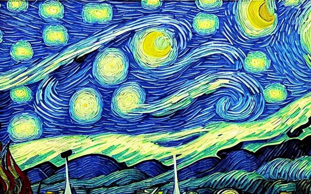 Prompt: xyston - class star destroyer on the sky in the starry night van gogh