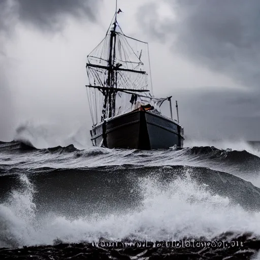 Prompt: Stormy sea, big waves, rain, lightning, gray clouds, old wooden ship, giant tentacles rising from water, Canon EOS R3, f/1.4, ISO 200, 1/160s, 8K, RAW, unedited, symmetrical balance, in-frame.