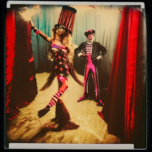 Prompt: polaroid of a surreal artsy dream scene, weird costumes, circus, double exposure