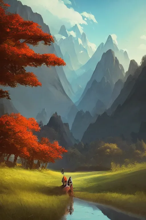 Image similar to beautiful matte painting by goro fujita concept empty world art fantasy path mountains and meadow in the background near a lake reflecting the trees, atmospheric lighting, painted, intricate, volumetric lighting, beautiful, rich deep colors masterpiece, sharp focus, ultra detailed by