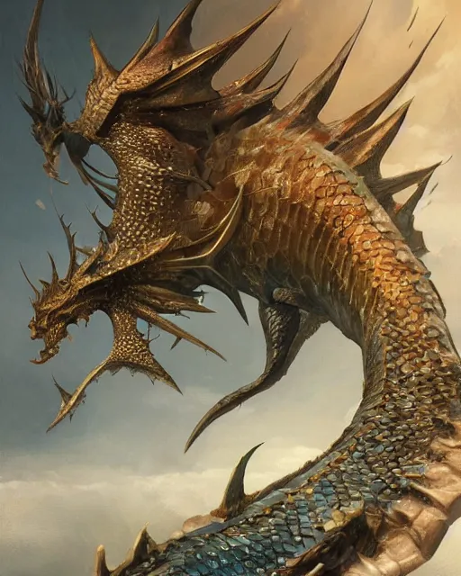 Prompt: game character beautiful sea dragon half fish half dragon, armored skin, scales, incredible detail by Ruan Jia and Gil Elvgren, fullbody