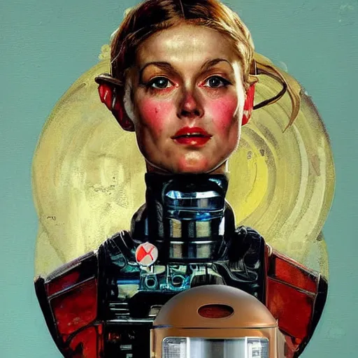 Prompt: portrait of a female android painted by Norman Rockwell and Sandra Chevrier