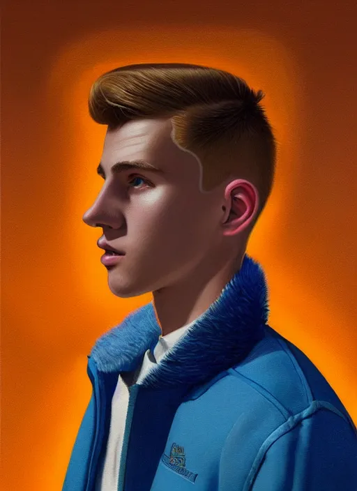 Image similar to portrait of a high school senior boy named moose mason, blonde short hair, jock, beefy, square jaw, square facial structure, 1 9 5 0 s, blue varsity jacket, intricate, elegant, glowing lights, highly detailed, digital painting, artstation, concept art, smooth, sharp focus, illustration, art by wlop, mars ravelo and greg rutkowski