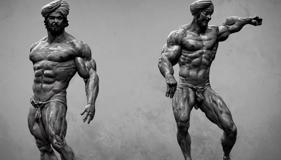 Prompt: roman statue of a muscular man wearing a turban, roman god statue, cinematic shot, oil painting by jama jurabaev, extremely detailed, brush hard, artstation, for aaa game, high quality, brush stroke