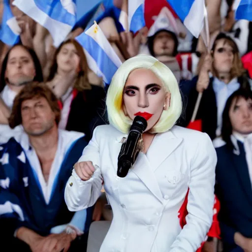 Image similar to Lady Gaga as president, Argentina presidential rally, Argentine flags behind, bokeh, giving a speech, detailed face, Argentina