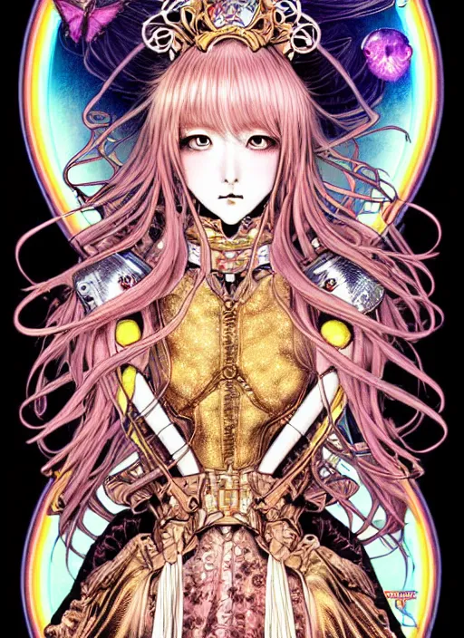 Image similar to highly detailed terada katsuya ayami kojima atrstation manga poster of princess mechine, rainbow gradient reflection, cute face by artgerm, art nouveau, long hair, armor, dress, laces, ruffles, 8 k, maximalist, golden ratio, jump comics